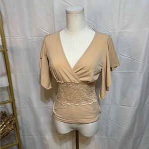 Y2K Express Nude Lace Waist Wrap Top Small 2000s Going Out Boho Stretch